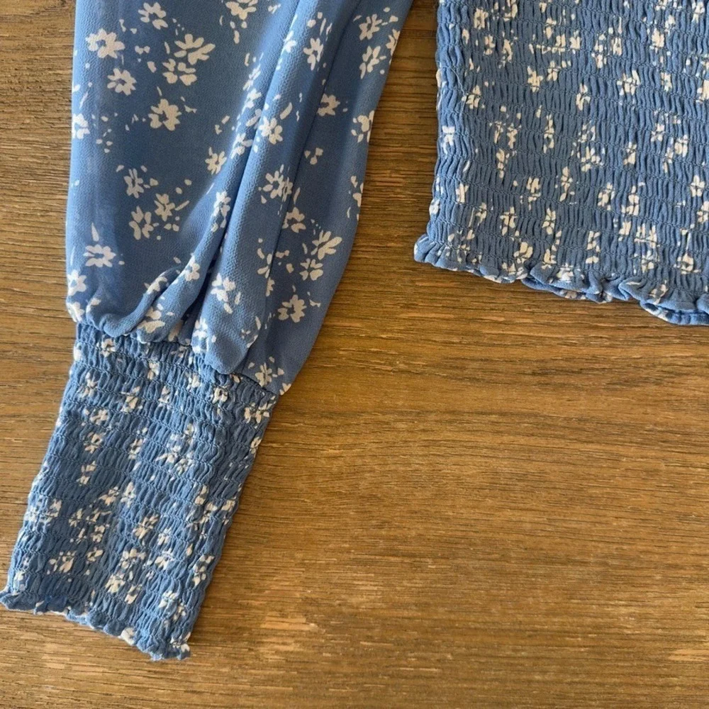 Reformation Pinto Top-Lassen Blue Floral-Smocked Georgette Long Sleeve Blouse-M